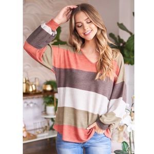 ❤️V Neck Multicolor Rust Striped Puff Sleeve Top❤️